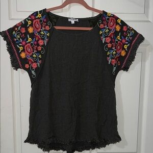 Umgee olive green boho Top with Colorful Floral Embroidery